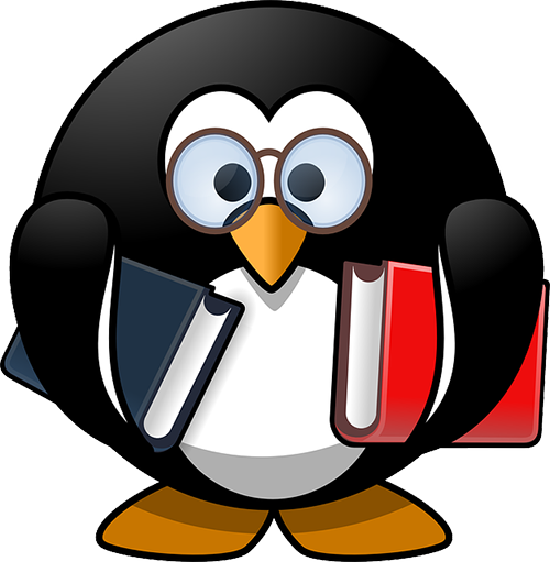 Penguin holding two books. 